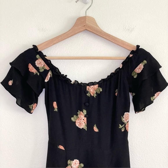 Reformation Diana Dress Floral Off Shoulder Mini Dress Black Pink 0 Petite - Picture 7 of 16